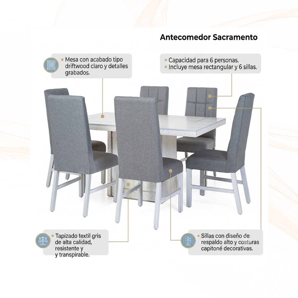 Antecomedor Sacramento 6 Sillas Tapizadas Color Gris 1000001219