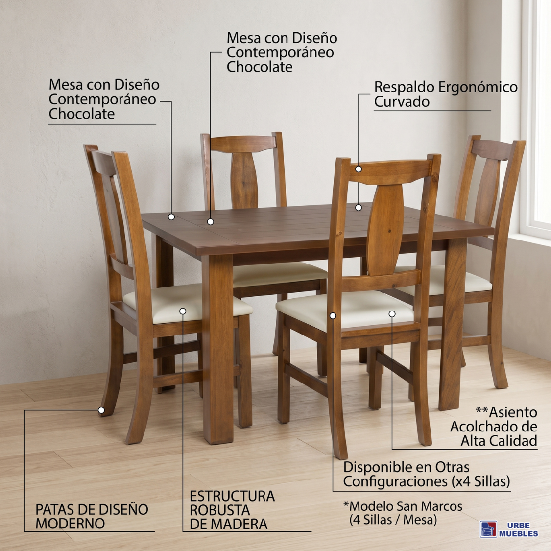 Antecomedor San Marcos 4 Sillas Contemporáneo Chocolate