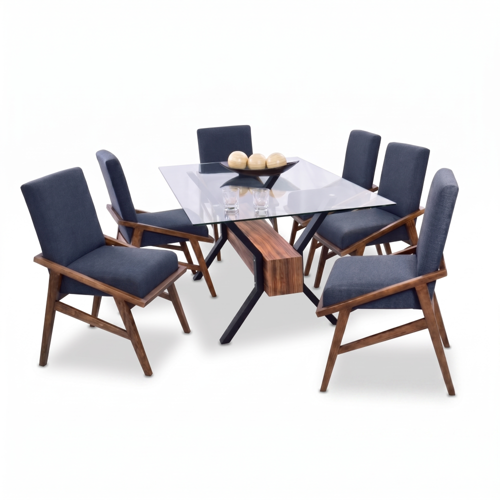 Antecomedor de Cristal Slot 6 Sillas Color Natural Tapizado Azul 1000001639
