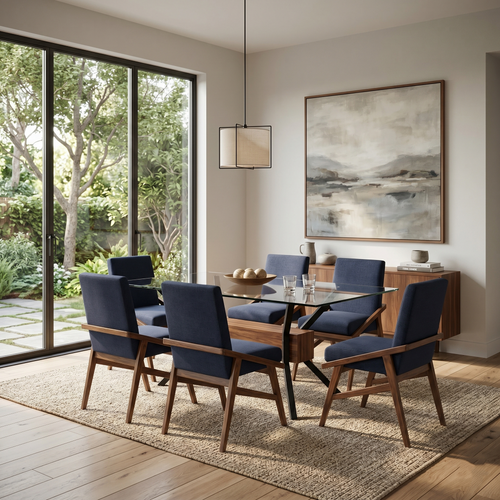Antecomedor de Cristal Slot 6 Sillas Color Natural Tapizado Azul 1000001639