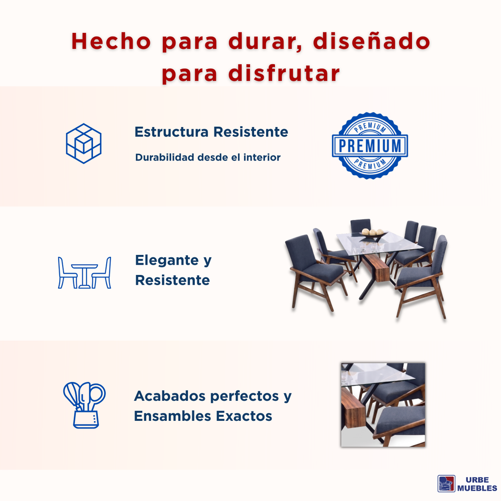 Comedor de Cristal Slot 6 Sillas Color Natural Tapizado Azul 1000001639