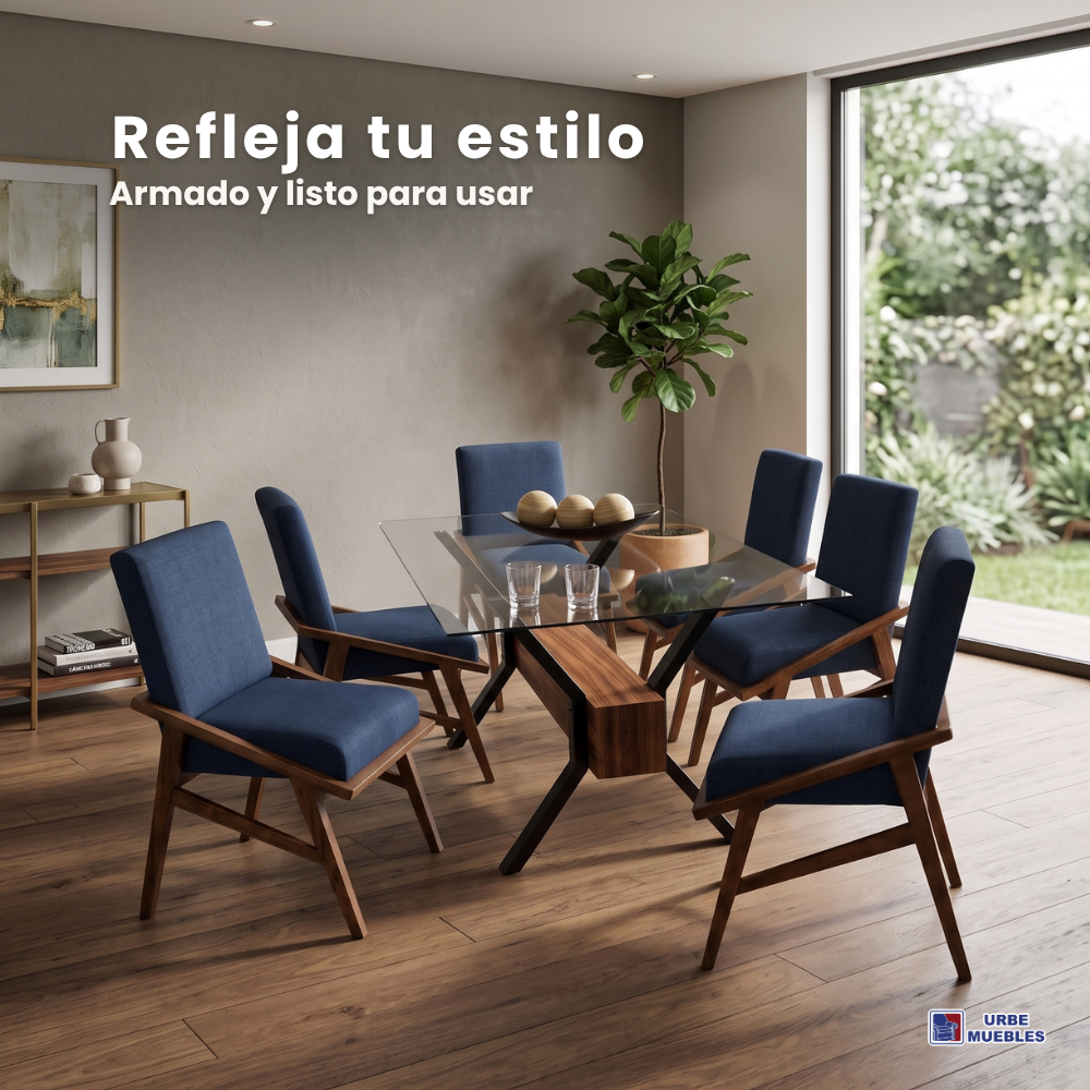 Comedor de Cristal Slot 6 Sillas Color Natural Tapizado Azul 1000001639