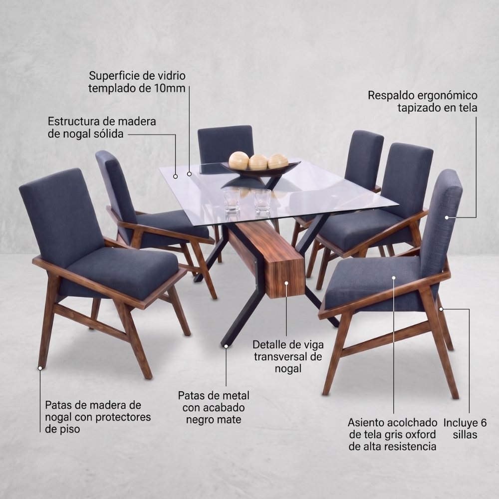 Comedor de Cristal Slot 6 Sillas Color Natural Tapizado Azul 1000001639