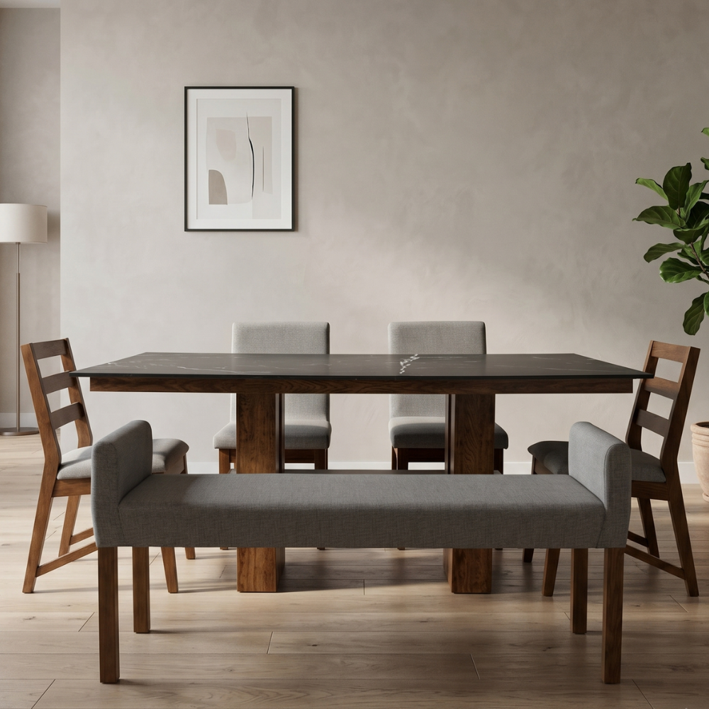 Comedor Guernica 4 Sillas Y Banca Mesa Negra Color Gris 1000001648