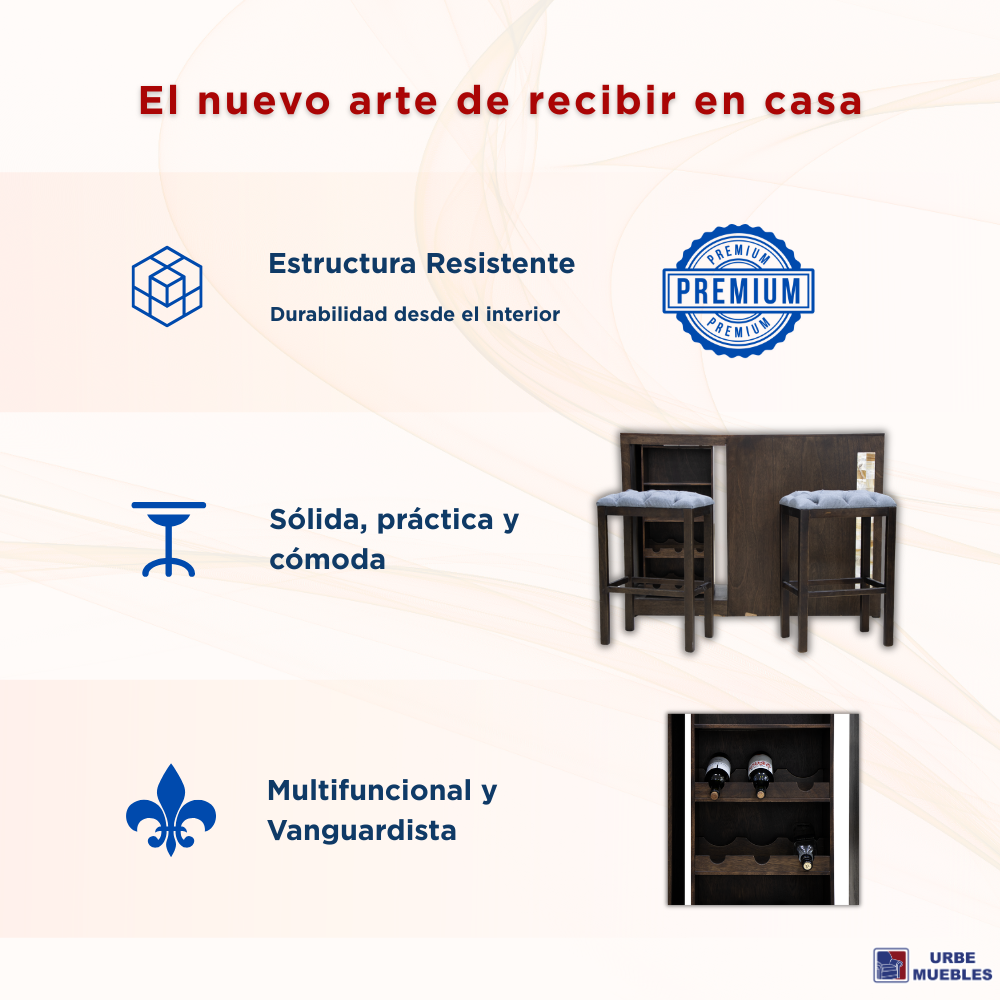 Cantina de Bar Shang de 3pz con Bancos Capitonados Color Nogal 1000004330