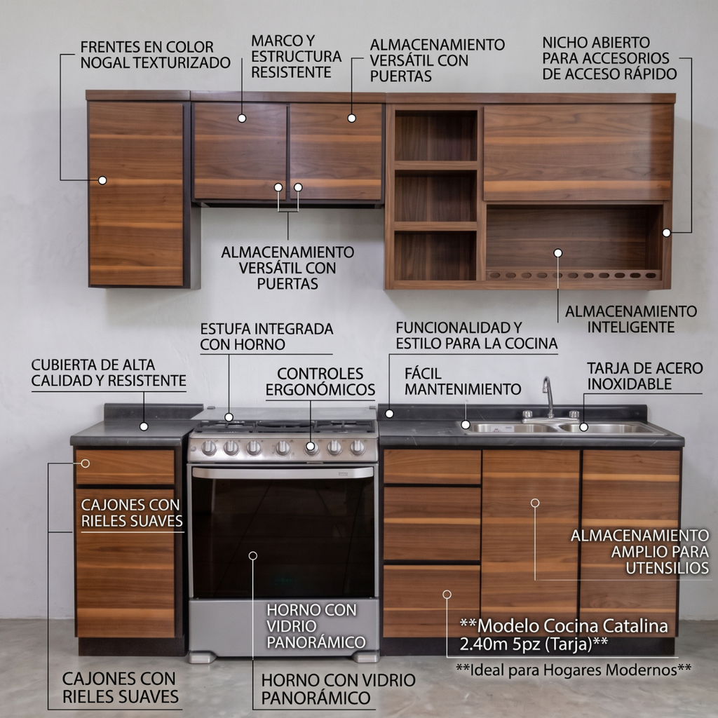 Cocina Integral 2.40m Catalina 5 Piezas con Tarja Color Nogal 1000005642