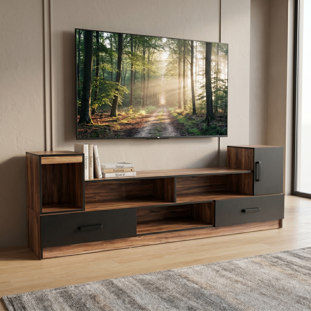 Mesa de Tv Peru con Repisas y Puertas 2.35m Color Nogal 1000011015