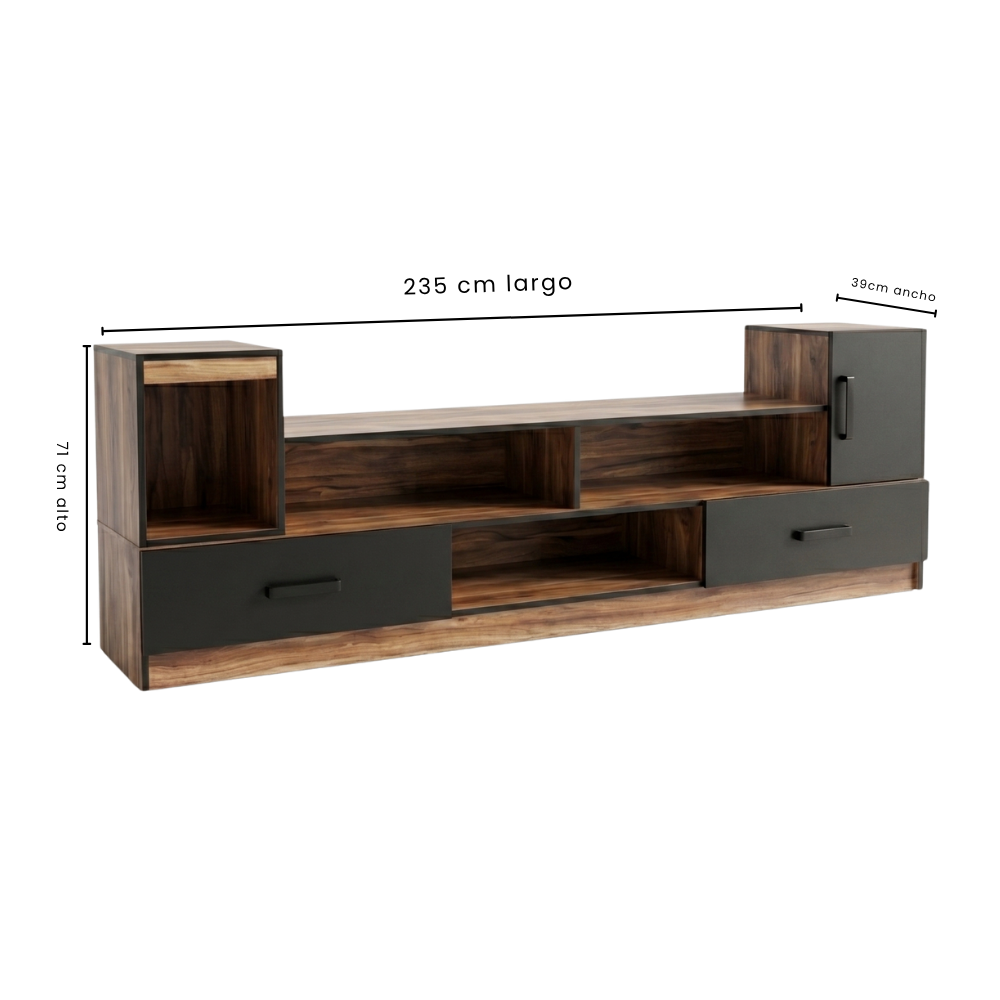 Mesa de Tv Peru con Repisas y Puertas 2.35m Color Nogal 1000011015