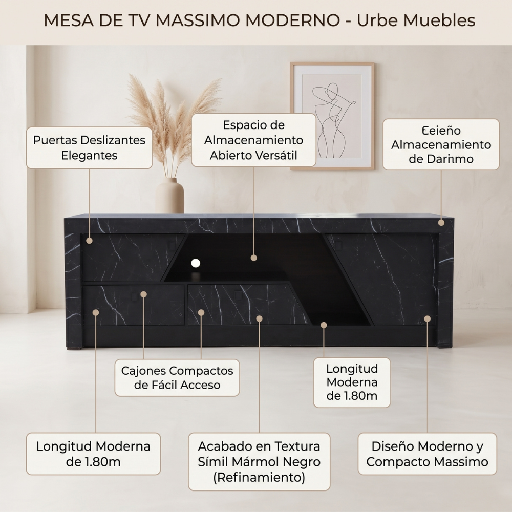 Mesa de TV Massimo Moderno 1.80m Color Negro 1000011033