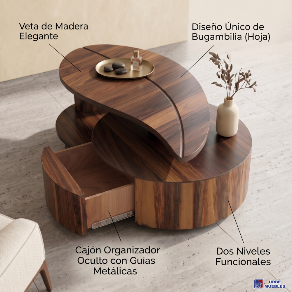 Mesa De Centro Bugambilia Con Cajon Organizador Color Nogal 1000011054
