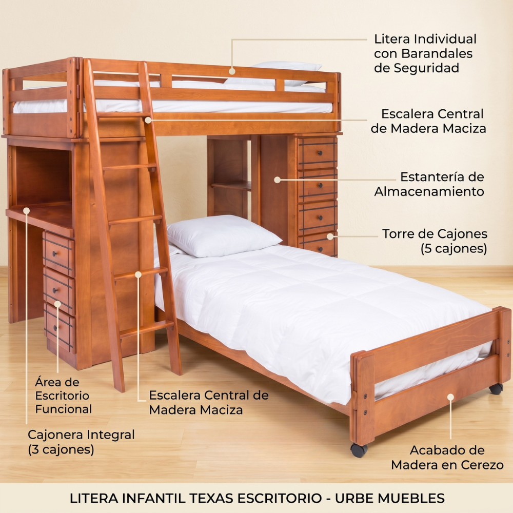 Litera Infantil Individual Texas de Madera con Escritorio 1000012341
