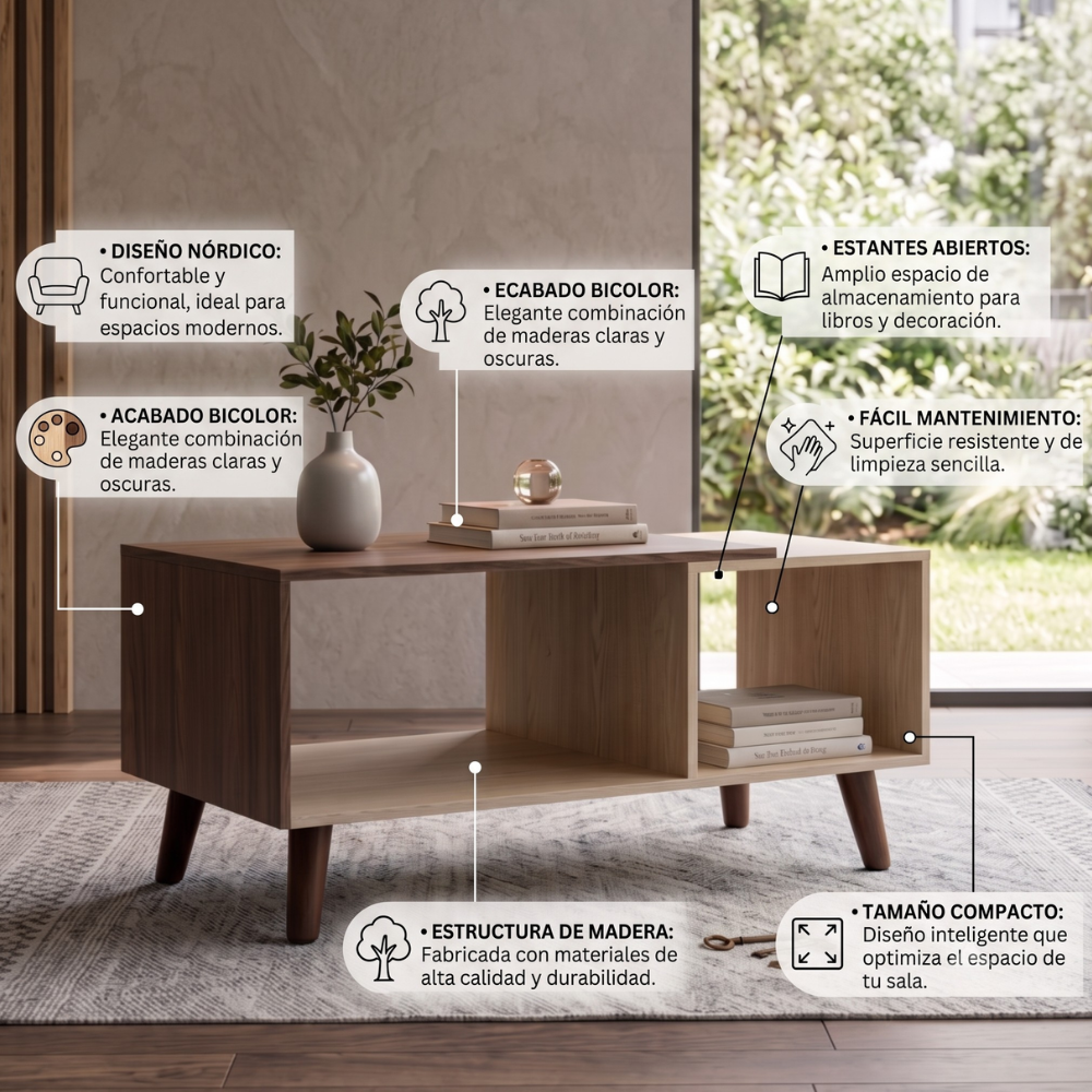 Mesa De Centro Lucca Estilo Nórdico Organizadores Bicolor Beige 1000013425