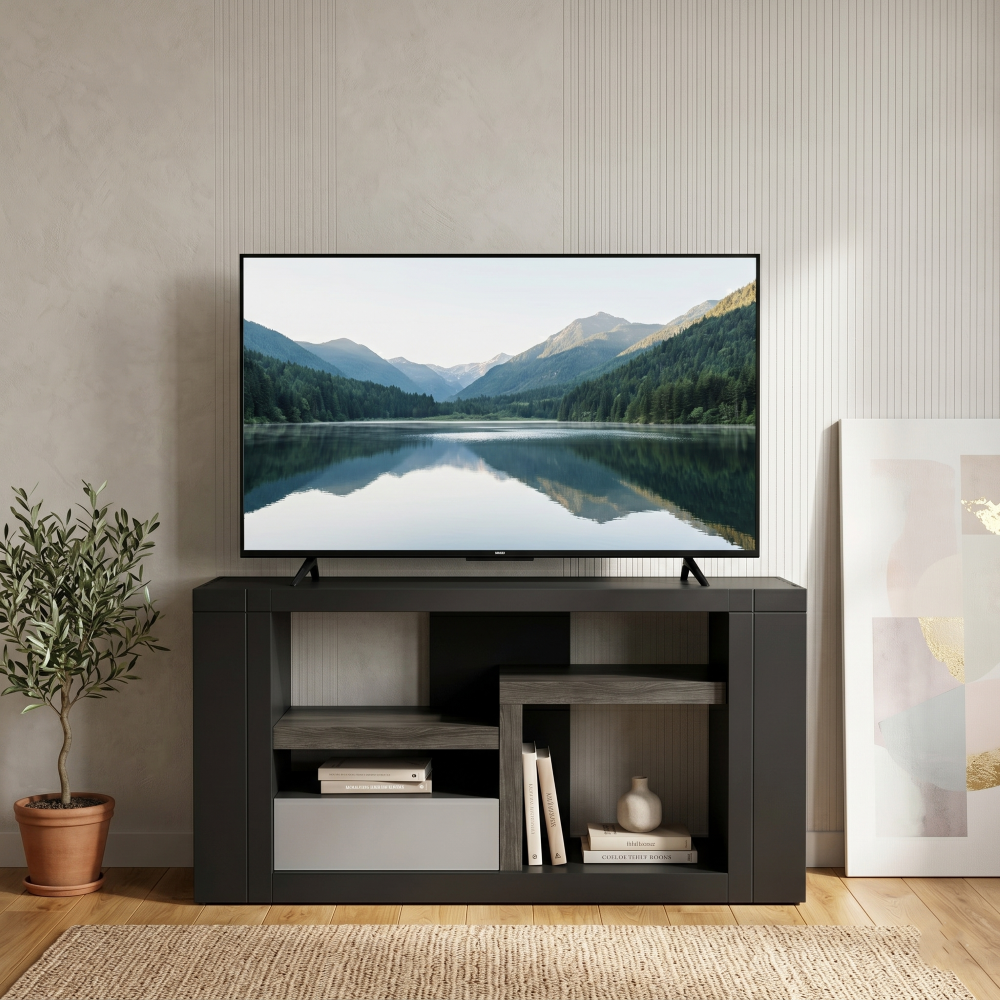 Mesa de TV Moderno Kenia Organizador con Repisas Color Negro 1000014039