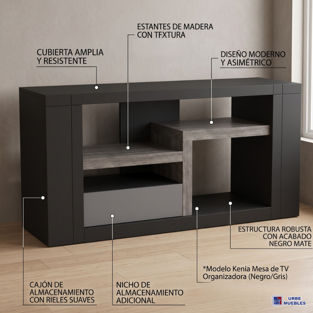 Mesa de TV Moderno Kenia Organizador con Repisas Color Negro 1000014039