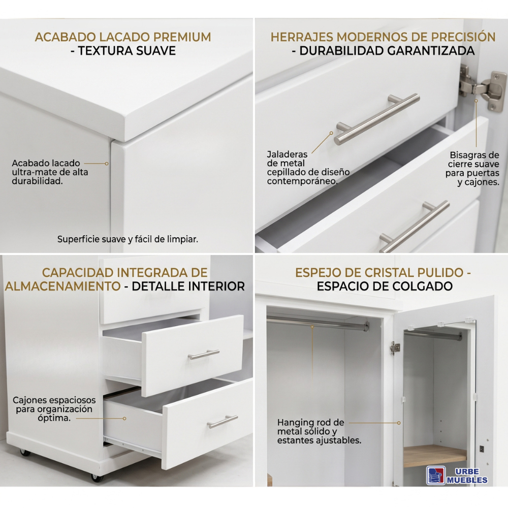 Ropero Grecia 1.20m 4 Cajones 5 Puertas Color Blanco