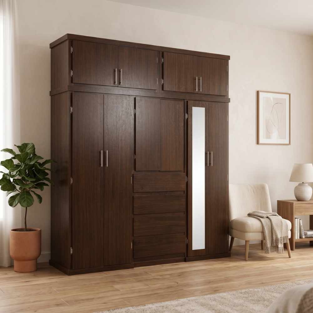Ropero Madrid 2.40m con Cajones y Espejo Color Chocolate 1000018510