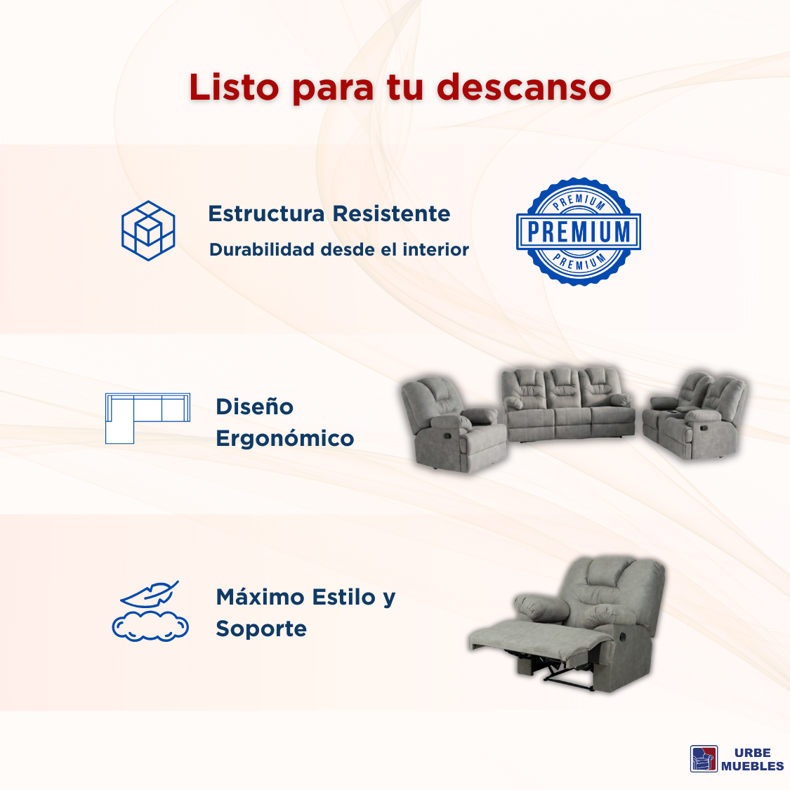 Sala Completa Reclinable (3-2-1) Ferrara 3 piezas Color Gris 1000020076