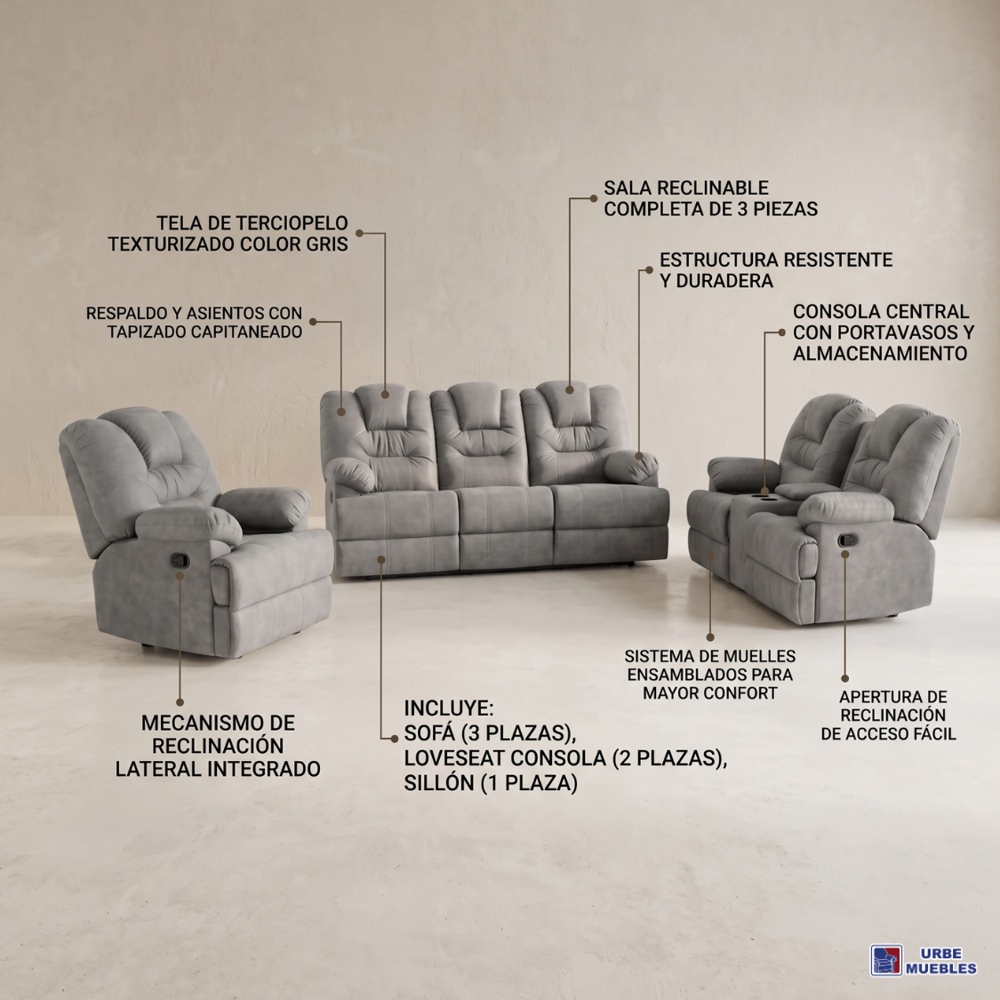 Sala Completa Reclinable (3-2-1) Ferrara 3 piezas Color Gris 1000020076