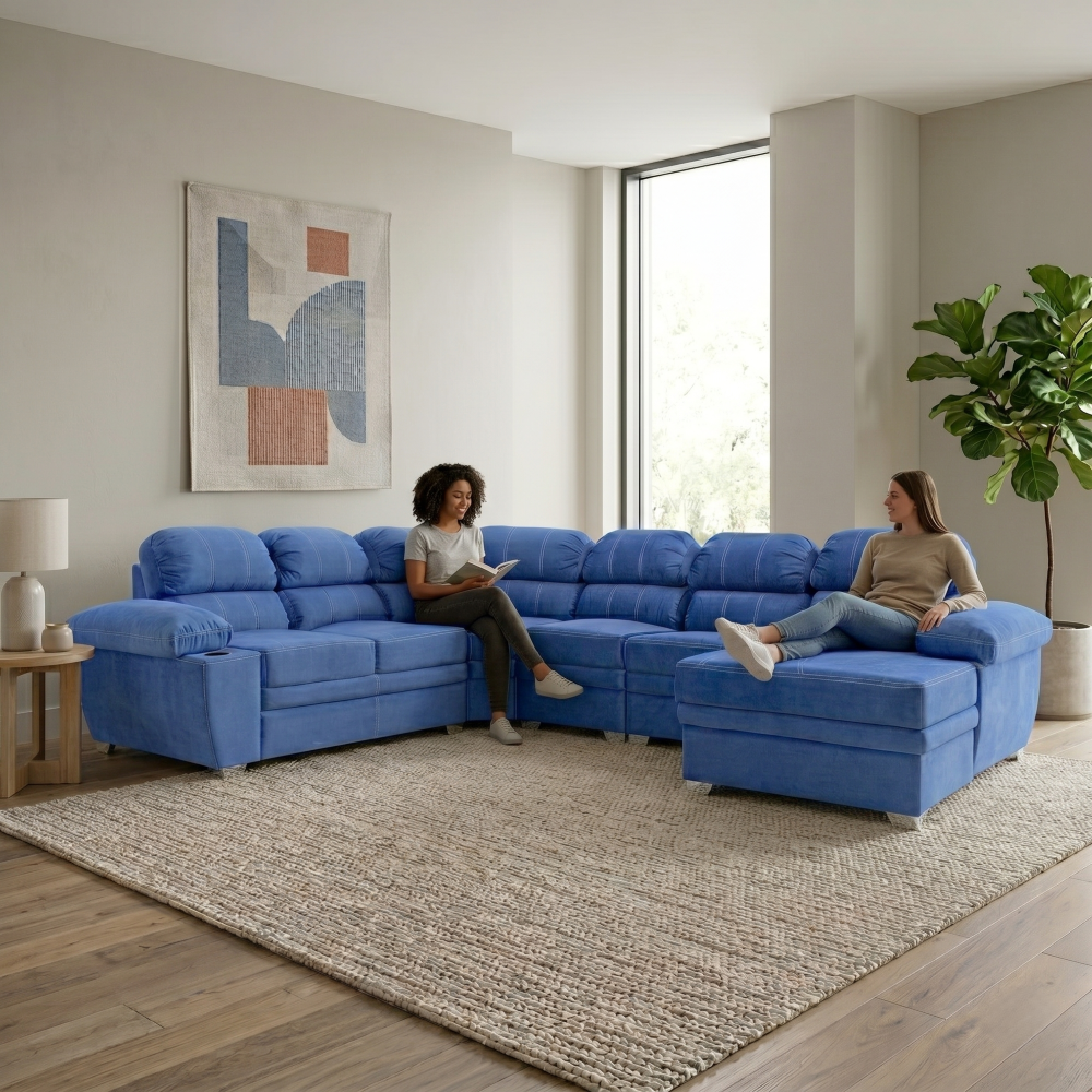 Sala Completa Esquinera Monarca 6 Plazas Con Chaise Longue Color Azul 1000020079