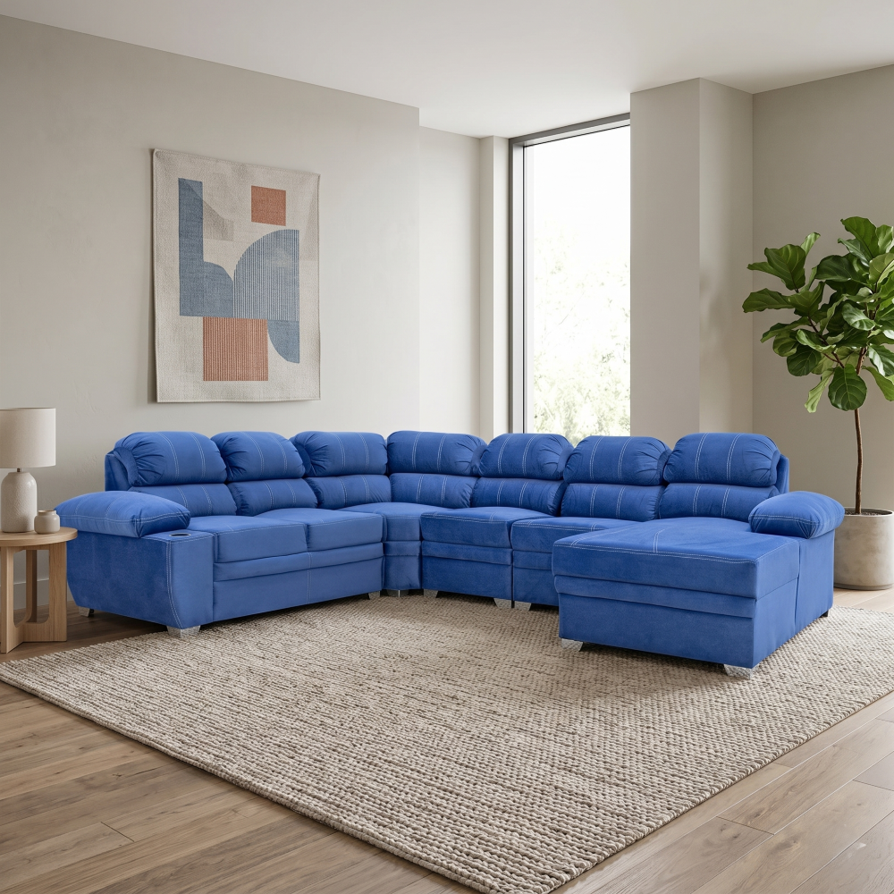 Sala Completa Esquinera Monarca 6 Plazas Con Chaise Longue Color Azul 1000020079