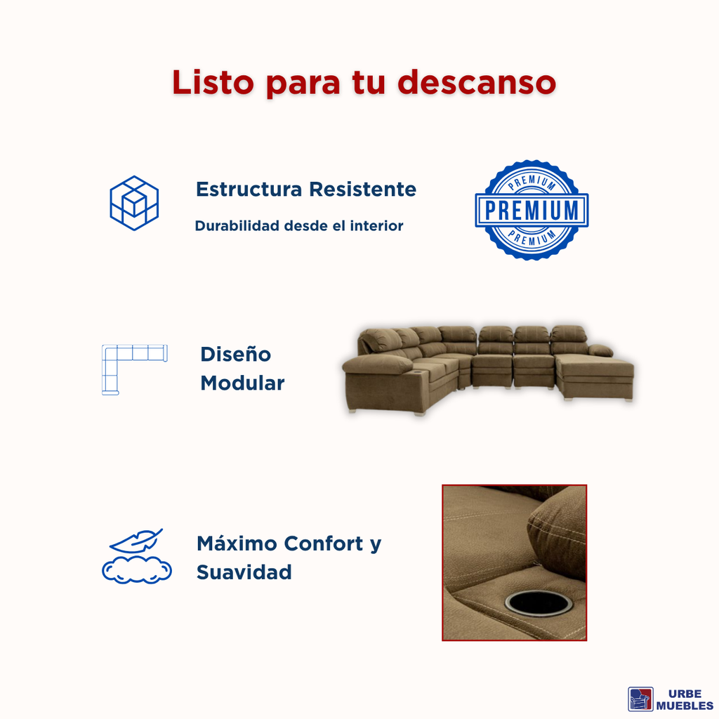 Sala Esquinera Monarca 6 Piezas Con Chaise Longue Color Café 1000020079C