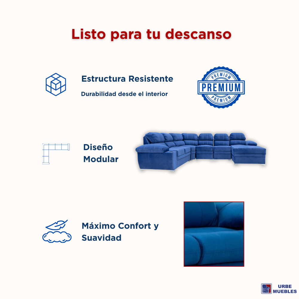 Sala Completa Esquinera Monarca 6 Plazas Con Chaise Longue Color Azul 1000020079