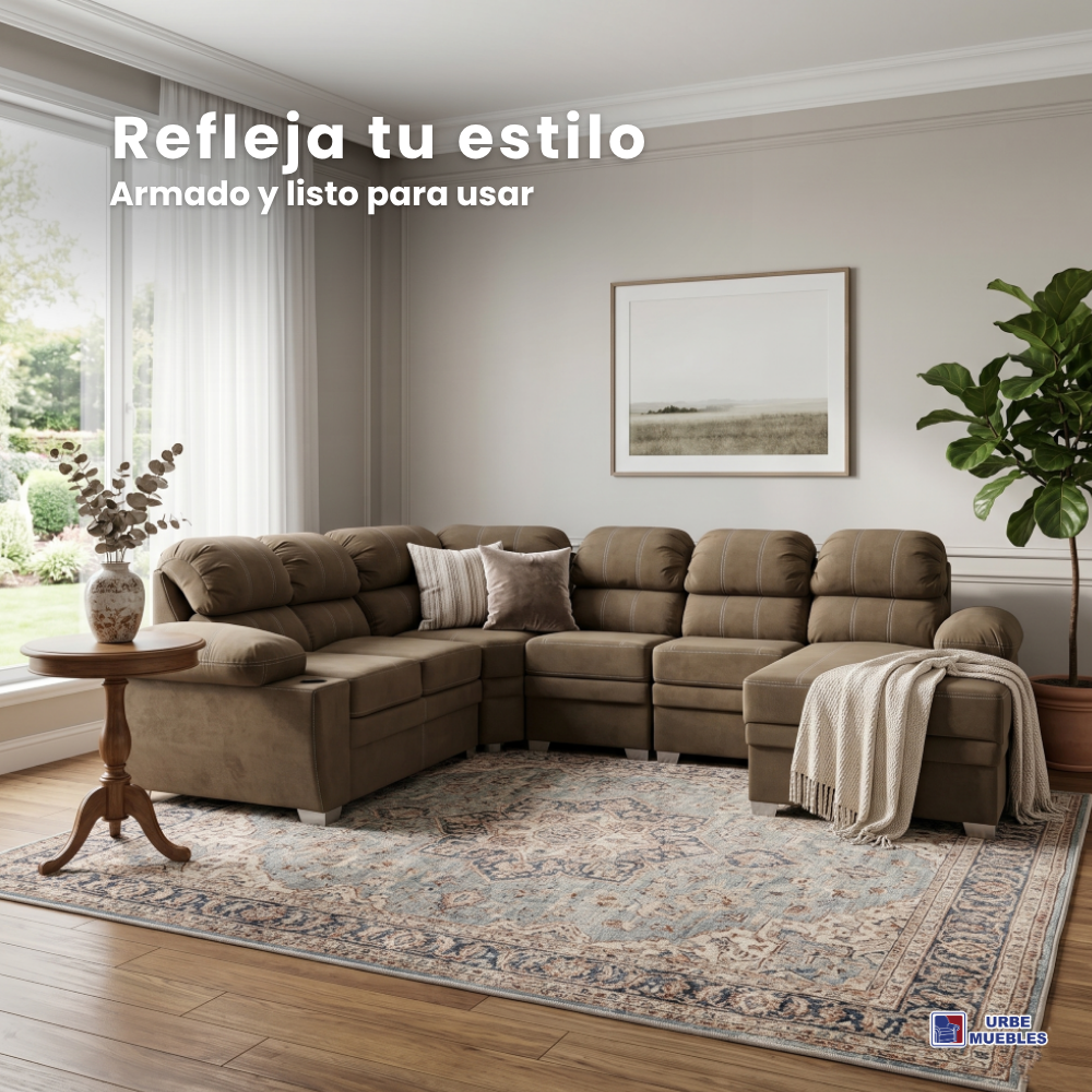 Sala Esquinera Monarca 6 Piezas Con Chaise Longue Color Café
