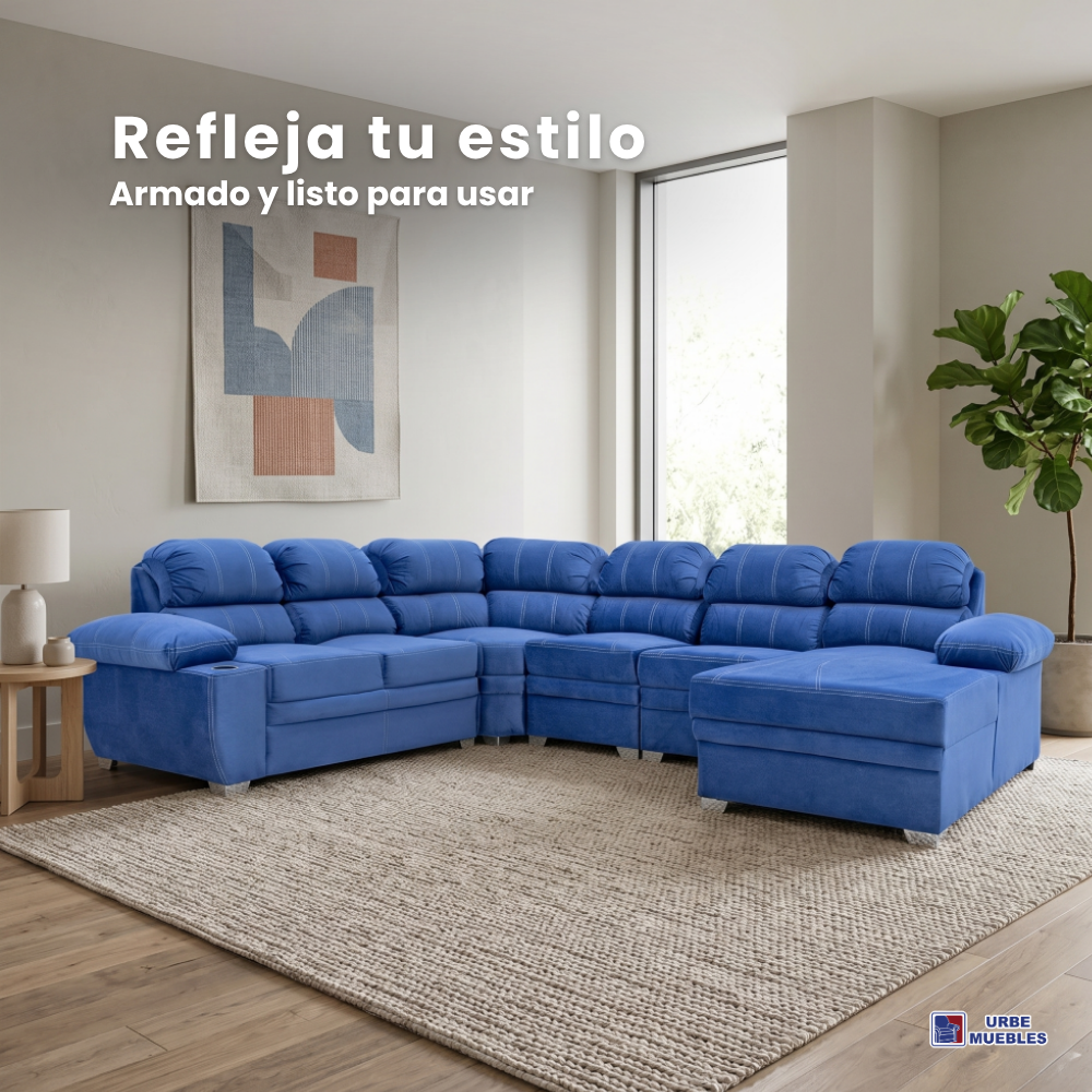 Sala Completa Esquinera Monarca 6 Plazas Con Chaise Longue Color Azul