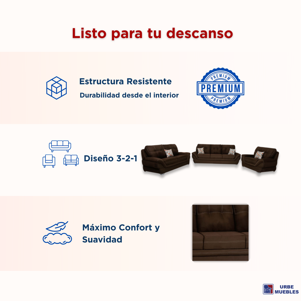 Sala Completa Britania 3 Piezas (3-2-1) Tapizada Cojines Color Chocolate 1000020209