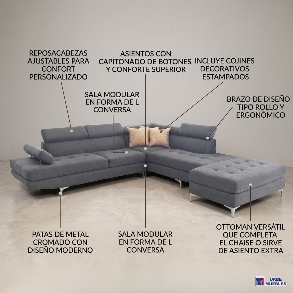 Sala Modular Ottawa Con Ottoman 4 Piezas Color Gris 1000020478