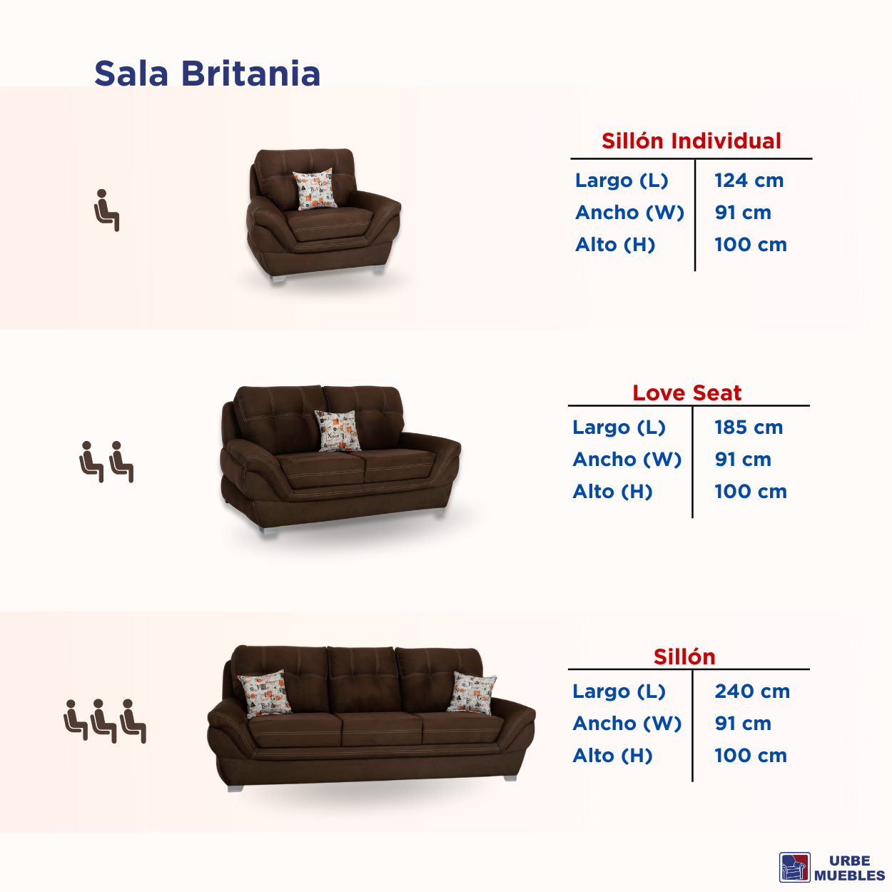 Sala Completa Britania 3 Piezas (3-2-1) Tapizada Cojines Color Chocolate 1000020209