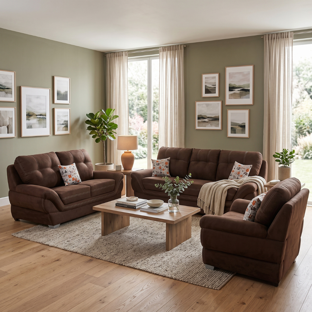 Sala Completa Britania 3 Piezas (3-2-1) Tapizada Cojines Color Chocolate 1000020209