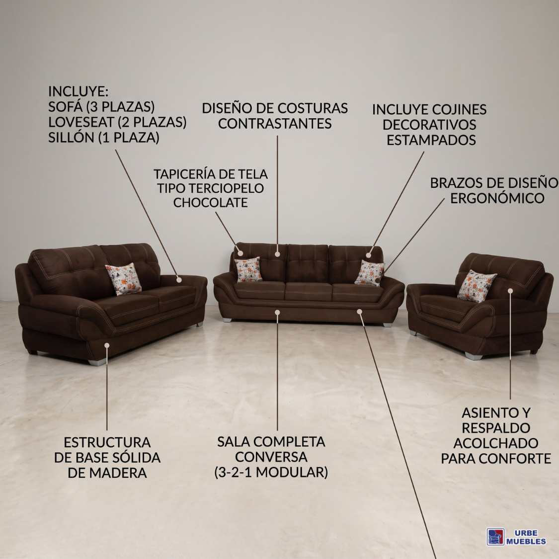 Sala Completa Britania 3 Piezas (3-2-1) Tapizada Cojines Color Chocolate 1000020209