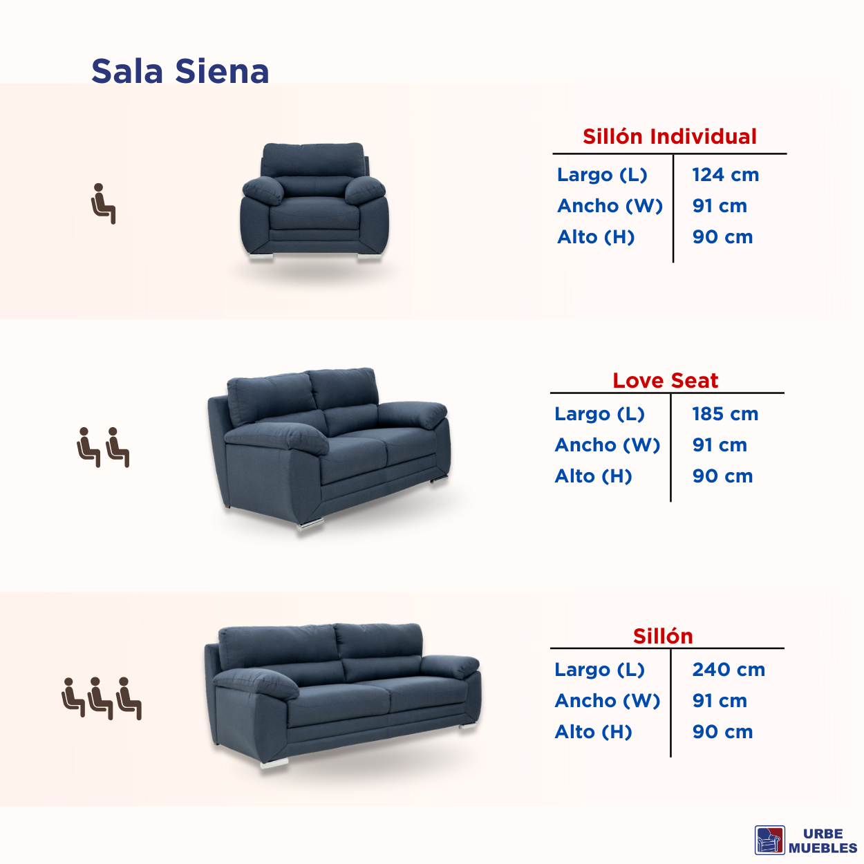 Sala Completa Siena 3 Piezas (3-2-1) Color Azul 1000020315