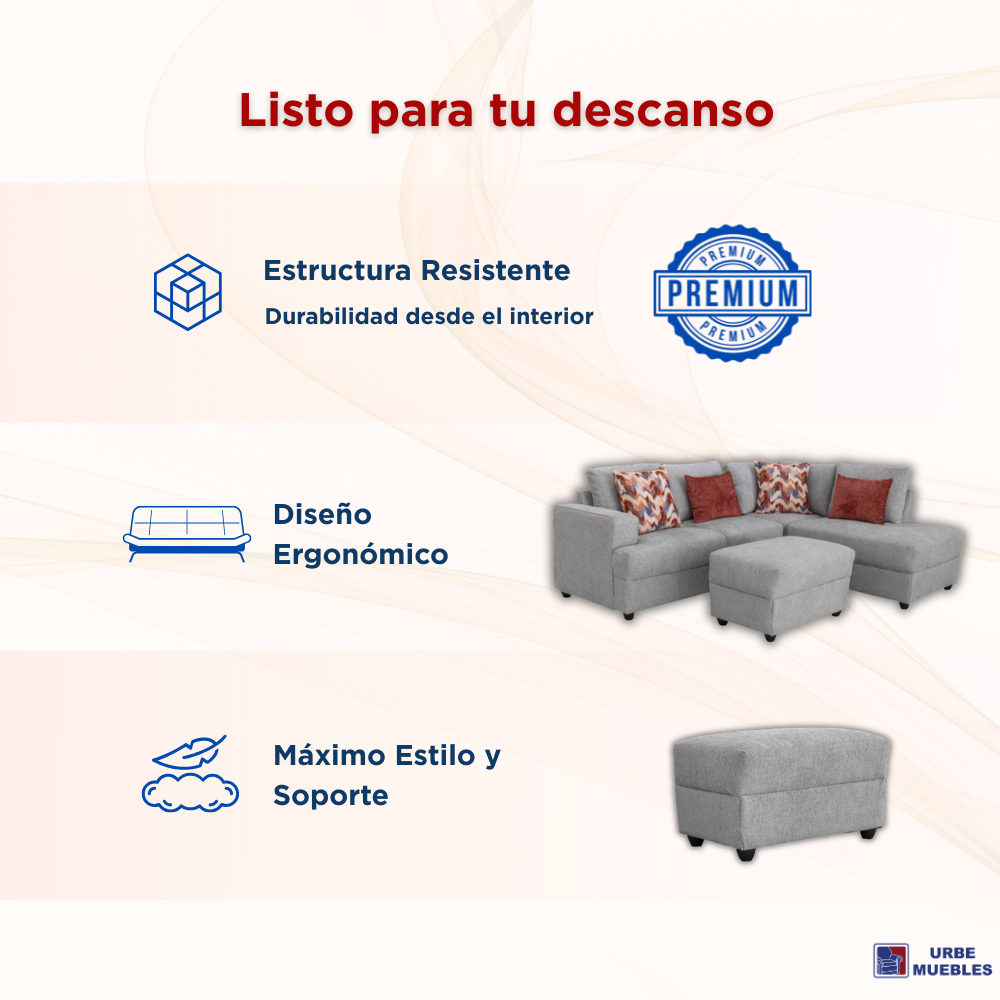 Sala Modular Adela Chaise Longue y Taburete 4 Piezas Color Gris 1000020432