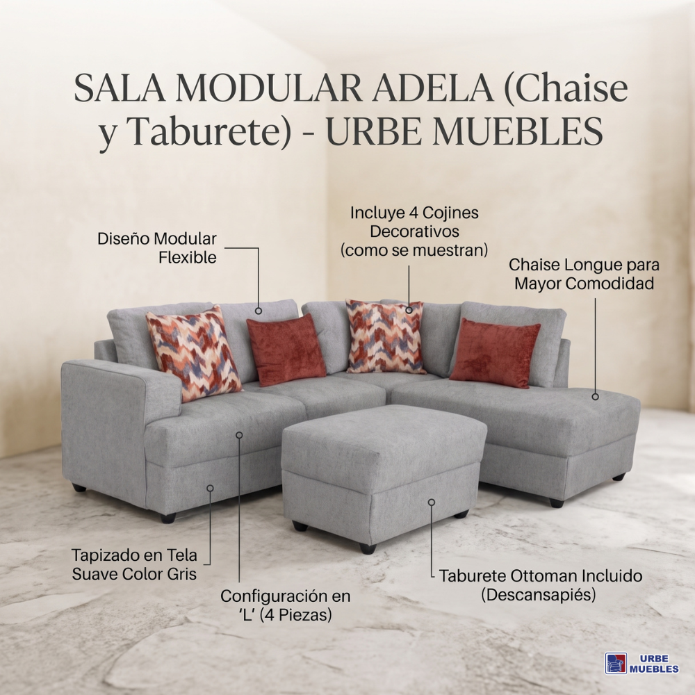 Sala Modular Adela Chaise Longue y Taburete 4 Piezas Color Gris 1000020432