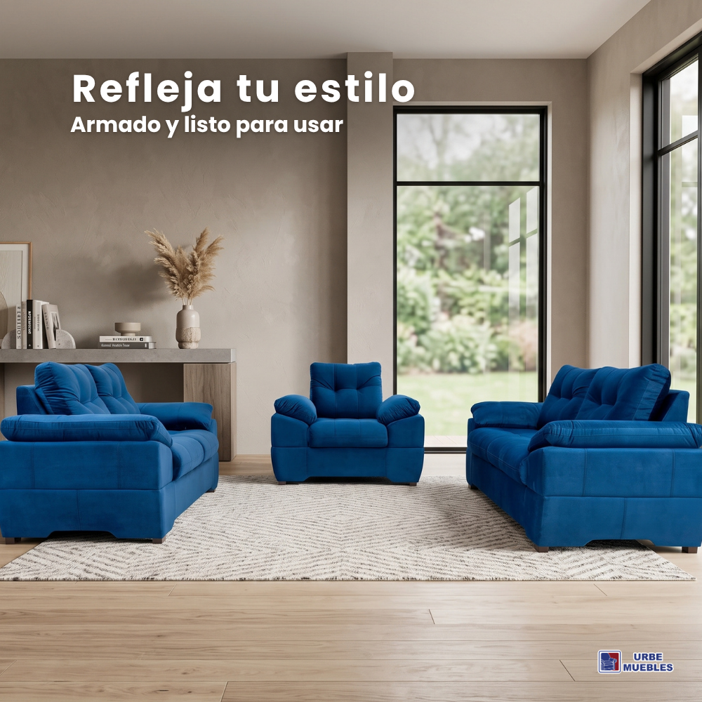 Sala Completa Genova 3 Piezas (3-2-1) Terciopelo Color Azul 1000020473