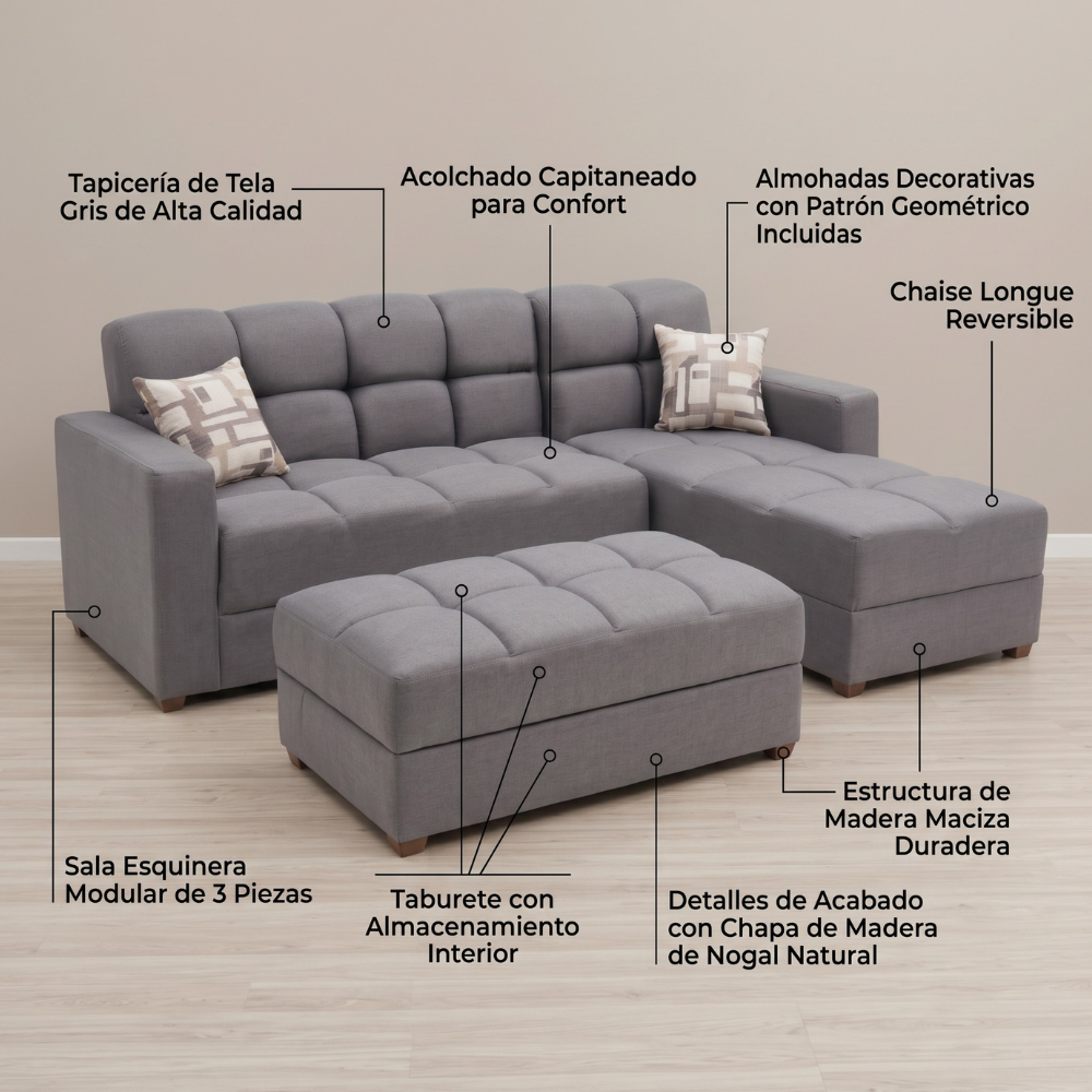 Sala Modular Andorra con Chaise Longue y Taburete Color Gris 1000020869