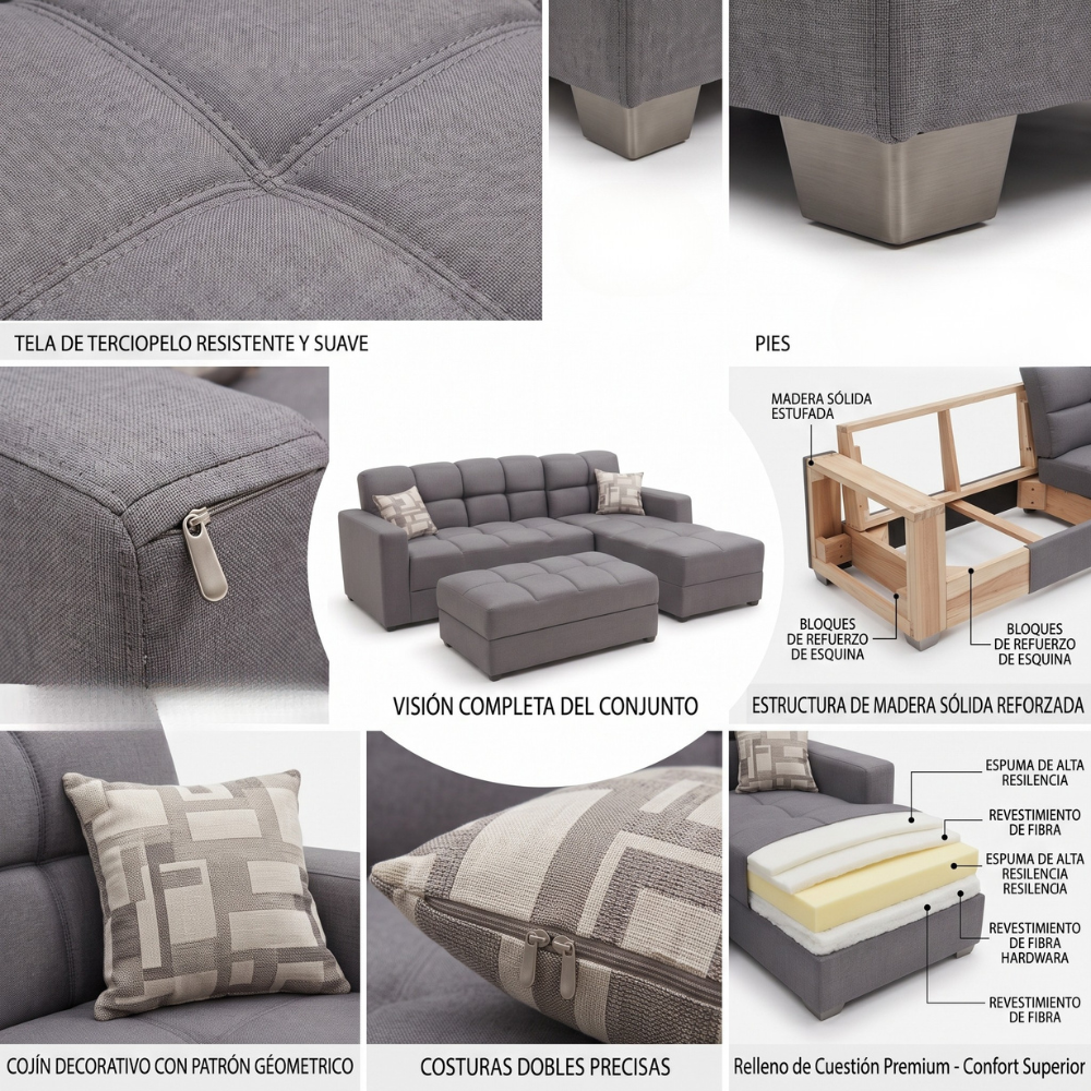 Sala Modular Andorra con Chaise Longue y Taburete Color Gris