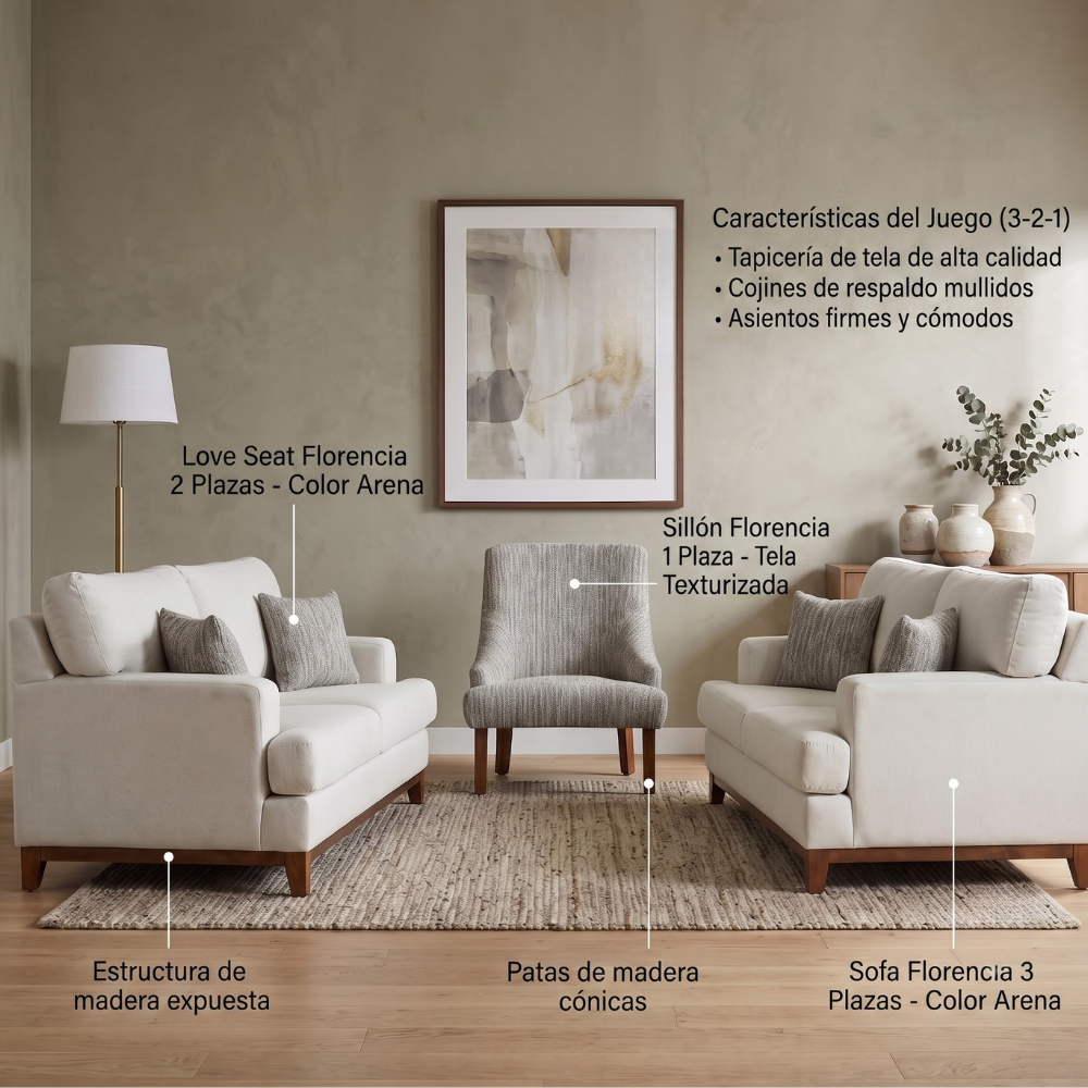 Sala Completa Florencia (3-2-1) 3 Piezas Sofa Love Seat y Sillon Arena 1000020872