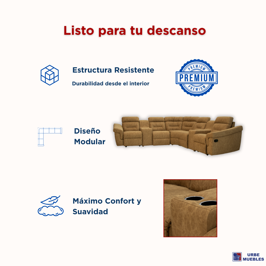 Sala Modular Esquinera Reclinable Madrid 6 Plazas Colo Camel
