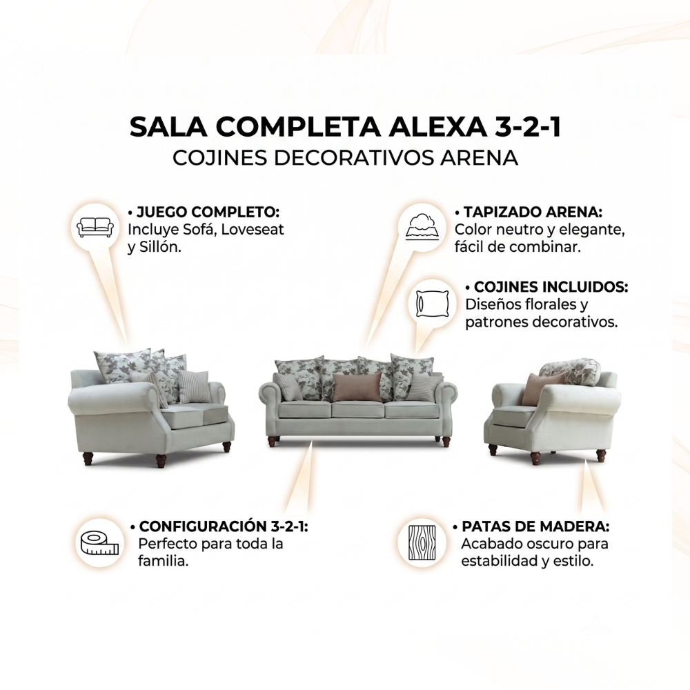 Sala Completa Alexa 3-2-1 Con Cojines Decorativos Color Arena 1000021513