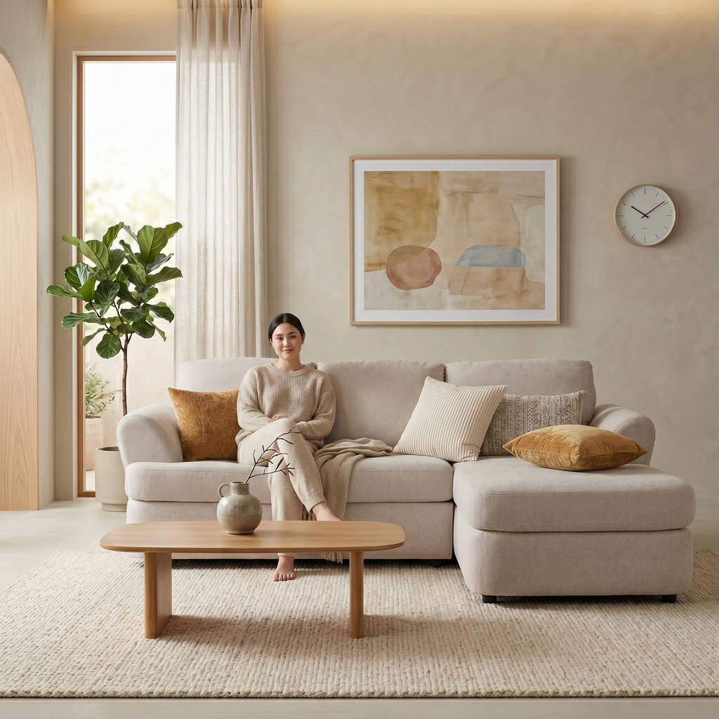 Sala Modular Creta 2 Piezas Con Chaise Longue con Cojines Color Beige 1000021517