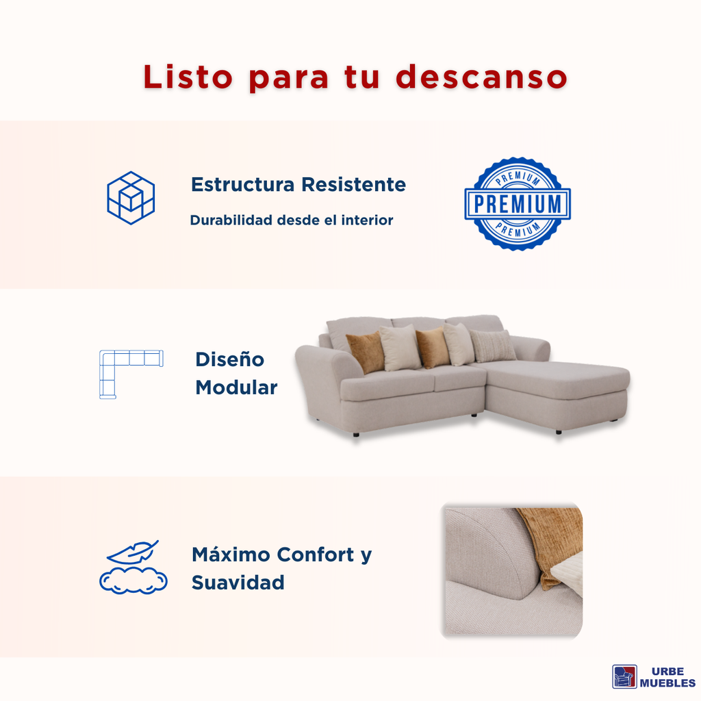 Sala Modular Creta 2 Piezas Con Chaise Longue con Cojines Color Beige 1000021517