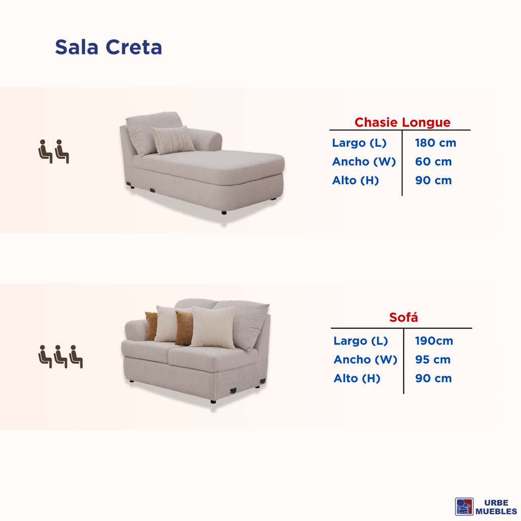 Sala Modular Creta 2 Piezas Con Chaise Longue con Cojines Color Beige 1000021517