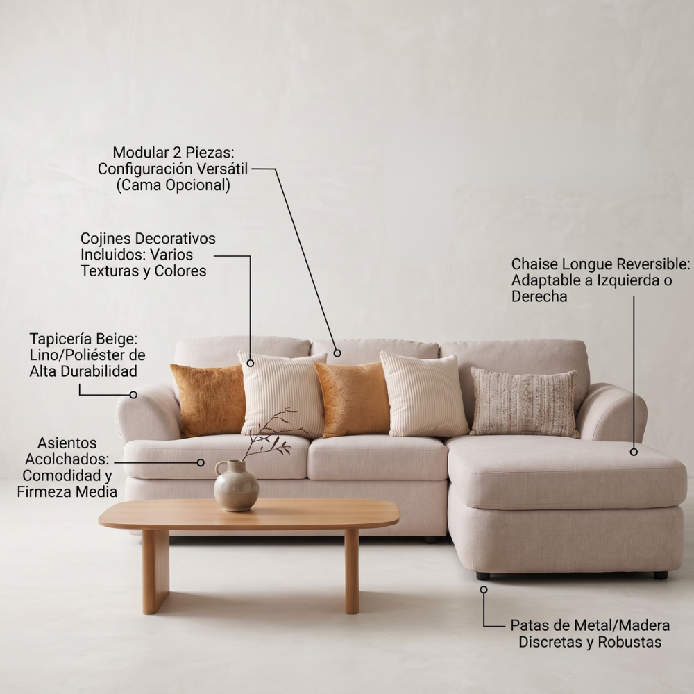 Sala Modular Creta 2 Piezas Con Chaise Longue con Cojines Color Beige 1000021517