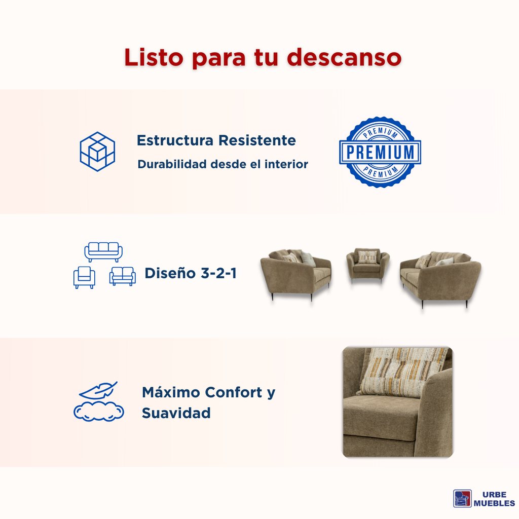 Sala Completa Kuri (3-2-1) 3 Piezas Sofa Love Seat y Sillon 1000021634