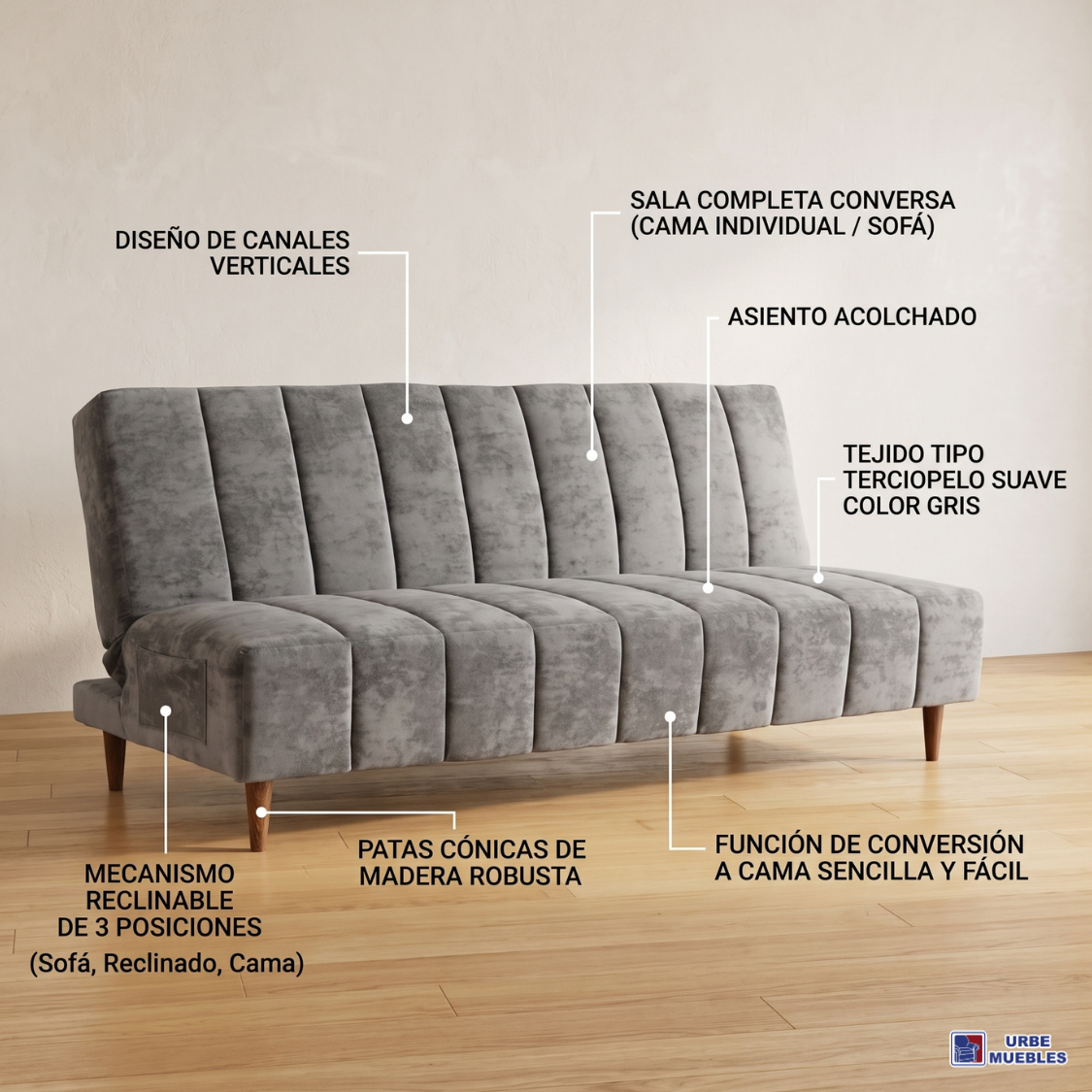 Sofa Cama Reclinable 3 Posiciones Kamakura Color Gris 1000021815