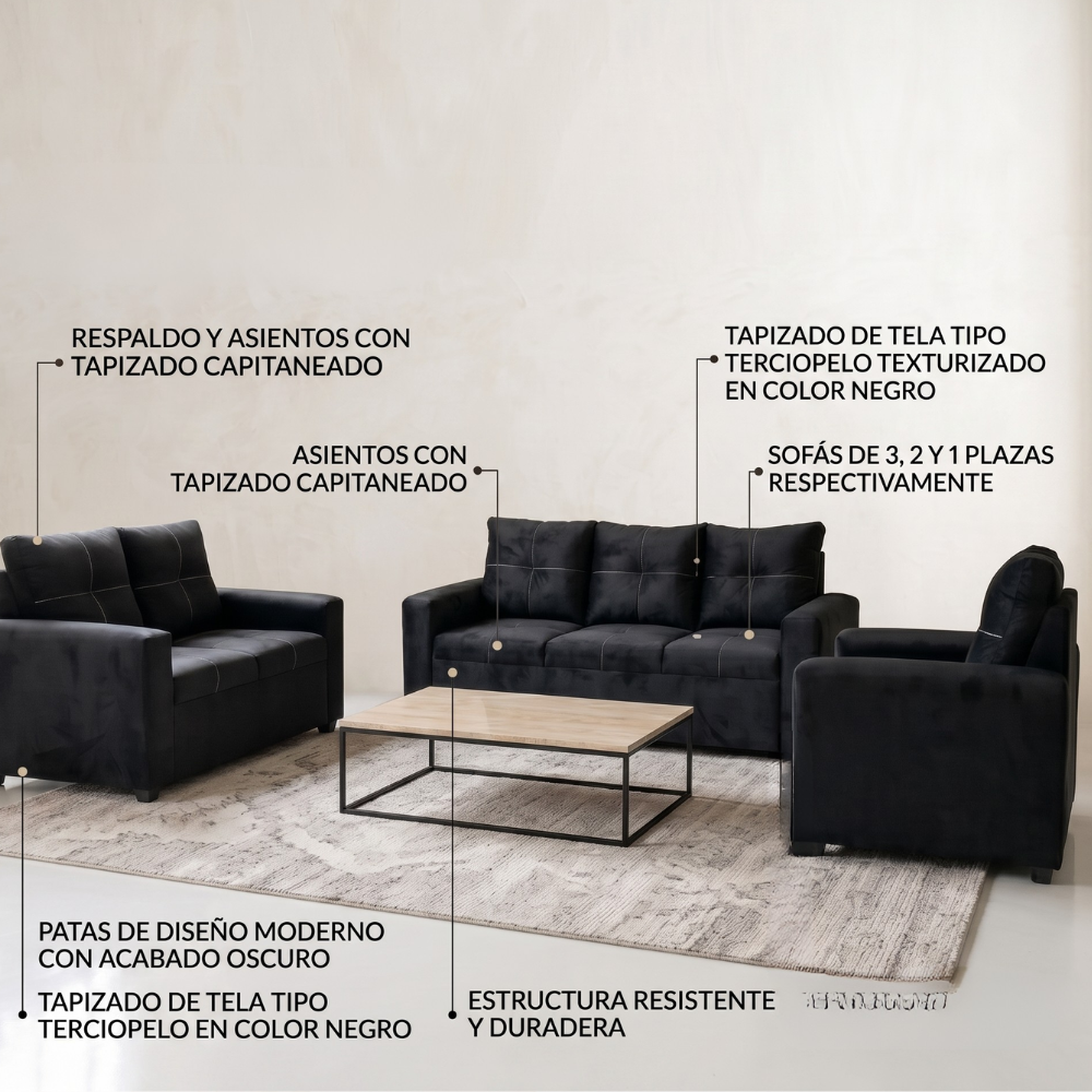 Sala Completa Jatziry 3-2-1 Moderna Color Negro 1000021847