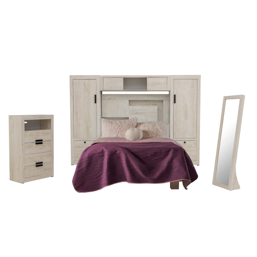 Recámara King Size Finlandia 4 Piezas con Cajonera y Espejo Color Beige